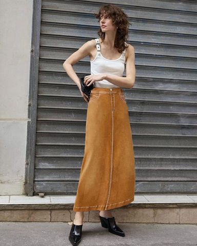 Contrast Stitch Split Back High Rise Maxi Denim Skirt