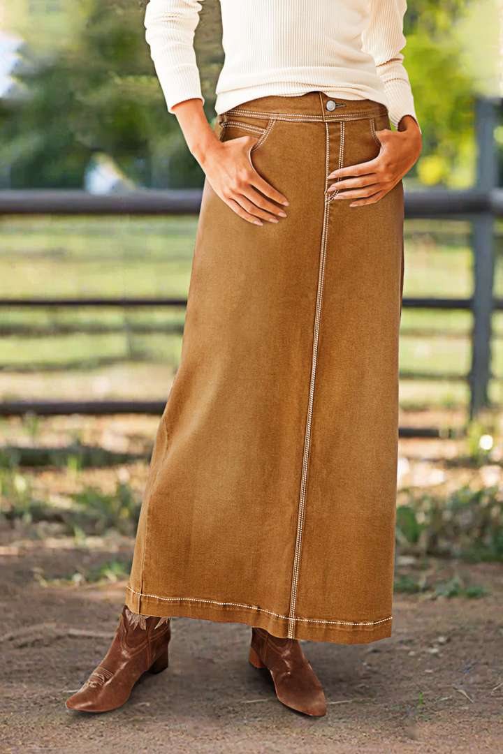 Contrast Stitch Split Back High Rise Maxi Denim Skirt