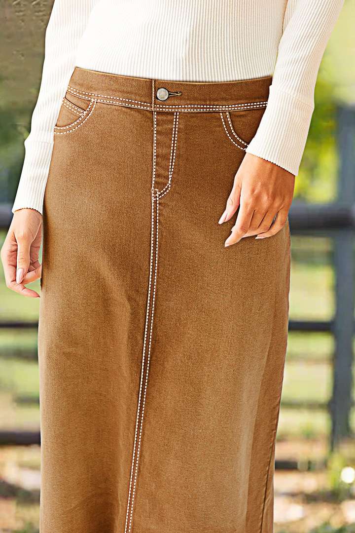 Contrast Stitch Split Back High Rise Maxi Denim Skirt